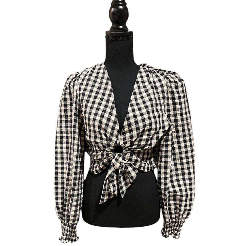 ZARA Black & White Gingham Checkered Cropped Top Blouse Long Sleeve Sz S